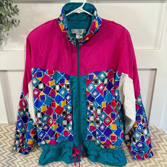 Sunterra Jackets & Blazers - Sunterra Vintage 80's Windbreaker Full Zip Jacket Pink Green Squares Women's PM